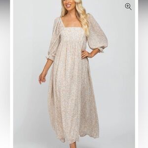Pink Blush Beige Chiffon Printed Square Neck Empire Maxi Dress